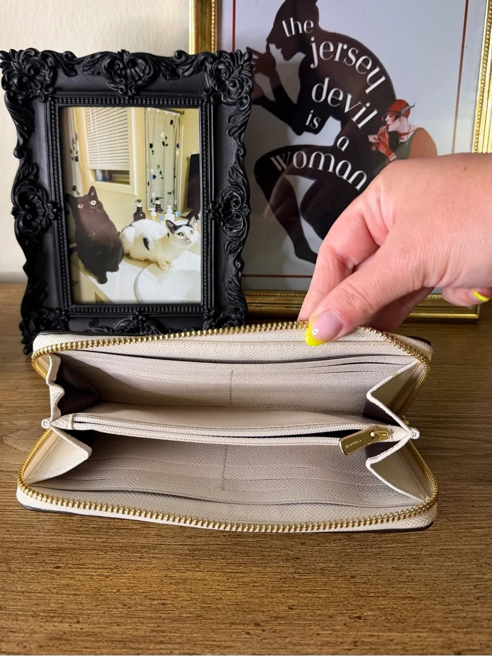 Coach Cream Zip-Around Leather Wallet with Gold Logo
